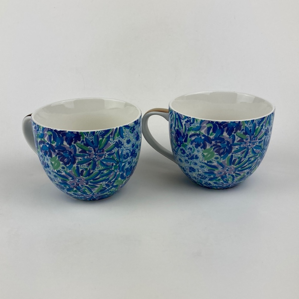 Lilly Pulitzer “High Manetenance” Blue Floral Lion’s Head Coffee Mugs set of 2